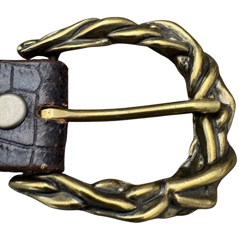 Genuine Leather Brown Belt Braided Antique Brass Buckle Western 1.5